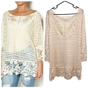 Umgee Sz L Tunic Top Blouse 3/4 Sleeves Light Brown Sheer Lace Crochet Combo